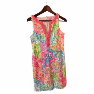 Lilly Pulitzer Ryder coral  Print Beaded Lace front Shift Dress- size 4 new